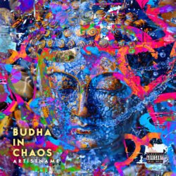 Buddha in chaos premade cover art design - for Electronic, Psychedelic Rock Music - style Abstract, Collage - in Blue, Pink Color