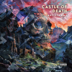 Castle of death album cover art design - for Heavy Metal, Death Metal Music - Geometric Art, Dark Fantasy Style - in Blue, Red Color