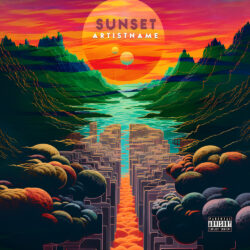 Sunset album cover art design - for Synthwave Style, Electronic Music - Synthwave Style, Digital Painting Style - in Red, Orange Color