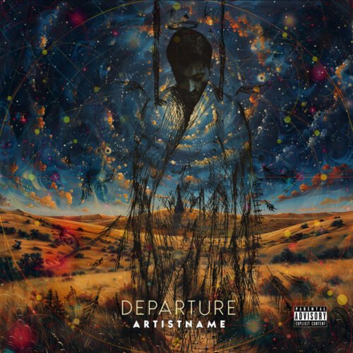 Departure Surreal Album Cover Art - for Alternative Rock, Ambient Music - style Conceptual Art, Dark Fantasy - in Blue, Orange Color