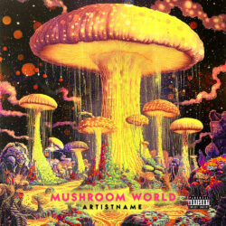 Mushroom World Psychedelic Premade Cover Art - for Psychedelic Rock, Psytrance Music - Psychedelic Art, Digital Painting Style - in Yellow, Orange Color