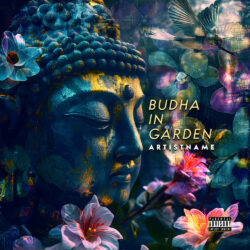 Buddha In Garden Ambient Electronic Music Cover Art - for Ambient, World Music Music - 3D Render, Conceptual Art Style - in Blue, Green Color