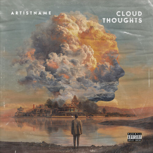 Cloud Thoughts Surreal Lo-Fi Cover Art - for Dream Pop, Indie Rock Music - Surrealist, Digital Painting Style - in Orange, Blue Color