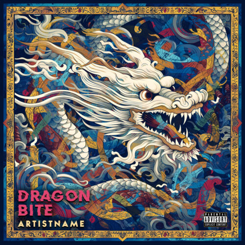 Dragon Bite Psychedelic Asian Trap Rap Cover Art - for Heavy Metal, Hard Rock Music - Digital Painting, Illustrated Style - in Blue, Yellow Color