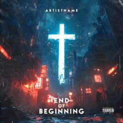 End of Beginning Cyberpunk Synthwave Album Cover Art - for Industrial, Dark Electro Music - style Cyberpunk, Futuristic Style - in Blue, Red Color