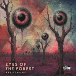 Eyes of the Forest death metal album cover art - for Progressive Metal, Dark Ambient Music - Dark Surrealism, Digital Painting Style - in Red, Grey Color