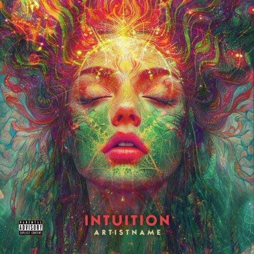 Intuition Psychedelic Trance Album Cover Art - for Psychedelic Rock, Ambient Music - style Psychedelic Art, Surrealist - in Red, Yellow Color