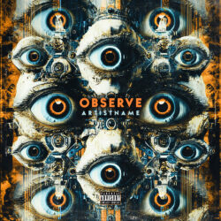 Observe Dark Ambient Industrial Electronic Album Cover Art Design - for Industrial, Dark Synth Music - Dark Surrealism, Digital Art Style - in Black, Grey Color