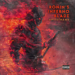 Ronin's Inferno Blade Heavy Metal Album Cover Art - for Heavy Metal, Death Metal Music - Digital Painting, Dark Fantasy Style - in Red, Orange Color