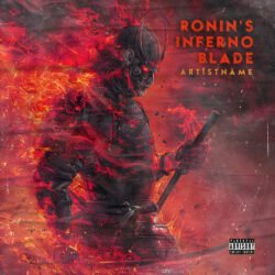 Ronin's Inferno Blade Heavy Metal Album Cover Art - for Hip-Hop, Trap Music - style Dark Fantasy, Illustrated - in Red, Orange Color