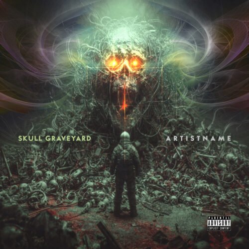 Skull Graveyard Deathcore Album Cover Art - for Heavy Metal, Death Metal Music - style Dark Fantasy, Sci-Fi Style - in Green, Yellow Color