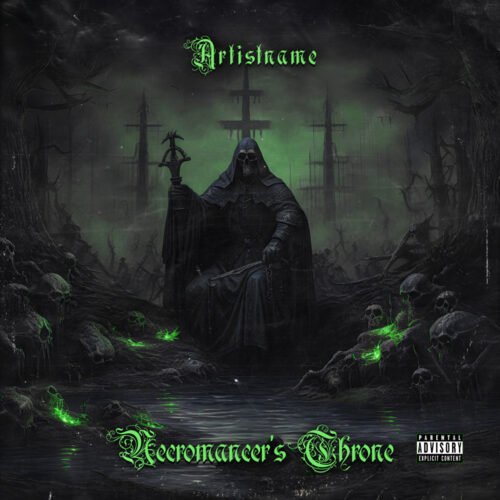 Necromancer's Throne Death Metal Album Cover Art - for Black Metal, Death Metal Music - style Dark Fantasy, Gothic Art - in Green, Black Color