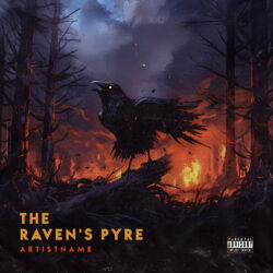 Raven's Pyre Black Metal Album Cover Art - for Black Metal, Death Metal Music - Dark Fantasy, Digital Painting Style - in Black, Orange Color