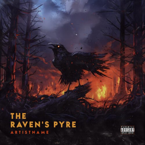 Raven's Pyre Black Metal Album Cover Art - for Black Metal, Death Metal Music - style Dark Fantasy, Illustrated - in Red, Orange Color