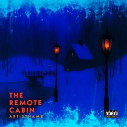 Remote Cabin Ambient Electronic Album Cover Art - for Ambient, Dark Ambient Music - style Illustrated, Oil Painting - in Blue, Orange Color