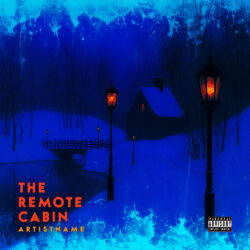 Remote Cabin Ambient Electronic Album Cover Art - for Dark Ambient, Dungeon Synth Music - Digital Painting, Cinematic Style Style - in Blue, Black Color