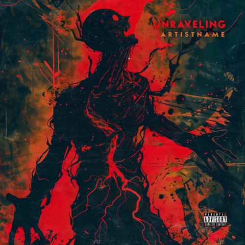 The Unraveling Hardcore Punk Album Cover Art - for Metal, Deathcore Music - style Dark Surrealism, Expressionism - in Red, Black Color