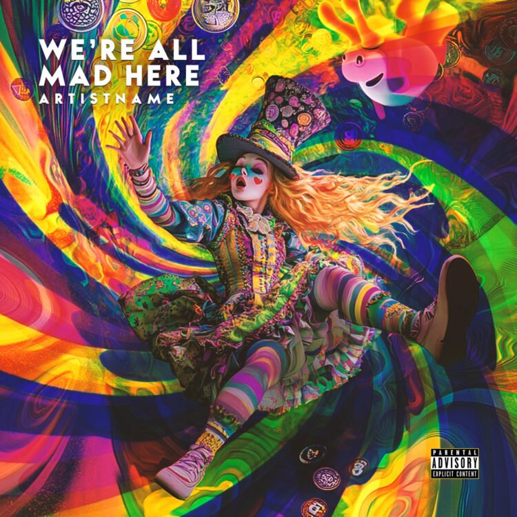 We'Re All Mad Here Psychedelic Pop Art Cover Design