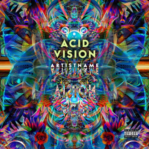 Acid Vision Psychedelic Trance Album Cover Art Design - for Bass Music, Dark Synth Music - style Acid Graphics, Chromatic Art - in Blue, Red Color
