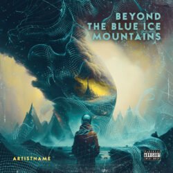 Beyond the Blue Ice Mountains Ambient Album Cover Art - for Ambient, Electronic Music - style Cinematic Style, Surrealist - in Blue, Grey Color