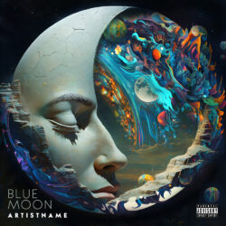 Blue Moon Psychedelic Trance Album Cover Art Design - for Ambient, Electronic Music - Surrealist, Digital Painting Style - in Blue, Grey Color