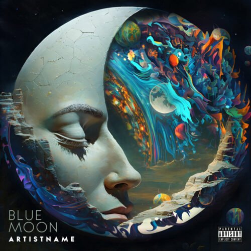 Blue Moon Psychedelic Trance Album Cover Art Design - for Ambient, Chillout Music - style Surrealist, Conceptual Art - in Blue, Orange Color