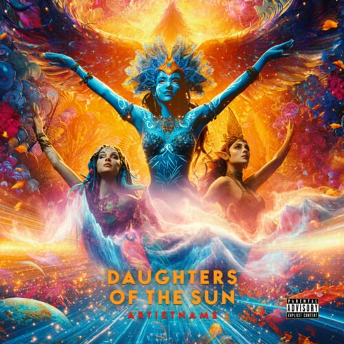 Daughters of the Sun Celestial Fantasy Art - for World Music, Ambient Music - style Surrealist, Maximalist - in Blue, Orange Color