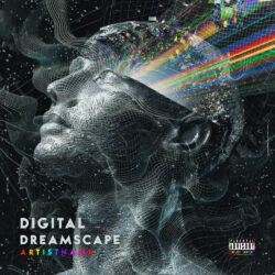 Digital Dreamscape Electronic Album Cover Art Design - for Electronic, Synth-Pop Music - 3D Render, Glitch Art Style - in Black, Grey Color