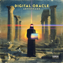 Digital Oracle Dark SciFi Electronic Album Cover Art - for Ambient, Dark Synth Music - Dark Surrealism, Sci-Fi Style Style - in Orange, Yellow Color