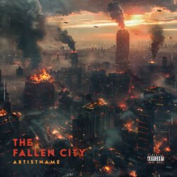 Fallen City Post-Apocalyptic Trap Metal Album Cover Art - for Alternative Metal, Dark Electro Music - style Cinematic Style, Dark Fantasy - in Red, Orange Color