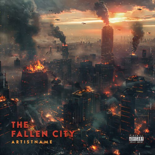 Fallen City Post-Apocalyptic Trap Metal Album Cover Art - for Alternative Metal, Dark Electro Music - style Cinematic Style, Dark Fantasy - in Red, Orange Color