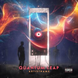 Quantum Leap Sci Fi Cosmic Journey Cover Art - for Ambient, Dark Ambient Music - style Conceptual Art, Cyberpunk - in Blue, Orange Color