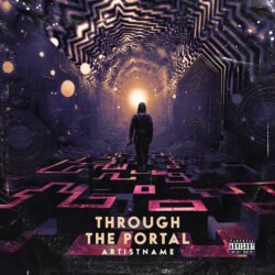 Through the Portal Cyberpunk Electronic Music Album Cover Art - for Electronic, Dark Ambient Music - style Sci-Fi Style, Conceptual Art - in Purple, Yellow Color