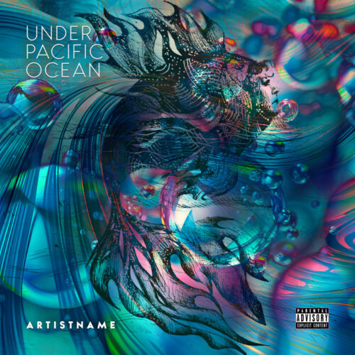 Under Pacific Ocean Psychedelic Trance Album Cover Art Design - for Electronic, Ambient Music - Digital Art, Psychedelic Art Style - in Blue, Pink Color