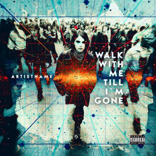 Walk With Me Till I'm Gone Electronic Rock Album Cover Art - for Alternative Rock, Industrial Music - style Collage, Glitch Art - in Red, Blue Color