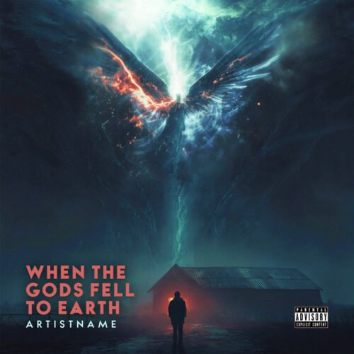 When the Gods Fell to Earth Epic Dark Fantasy Sci-Fi Album Cover Art - for Alternative Metal, Dark Ambient Music - style Dark Fantasy, Cinematic Style - in Blue, Red Color
