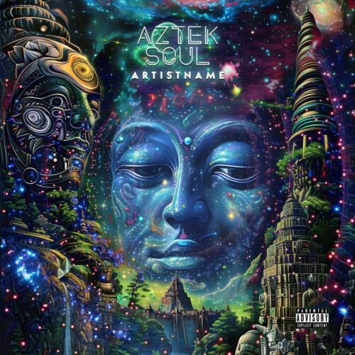 Aztek Soul Cosmic Psychedelic Visionary Art Album Cover - for Ambient, Psychedelic Rock Music - style Psychedelic Art, Afrofuturism - in Blue, Purple Color