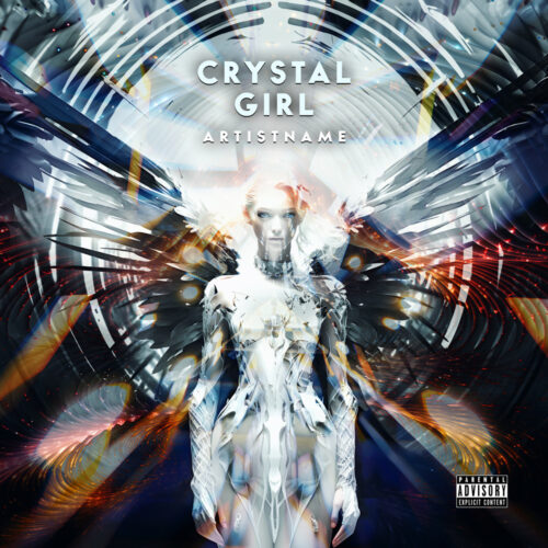Crystal Girl Cyberpunk Futuristic Electronic Music Album Cover Art - for EDM, Electronic Music - 3D Render, Digital Art Style - in White, Black Color