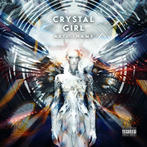 Crystal Girl Cyberpunk Futuristic Electronic Music Album Cover Art - for Electronic, Synth-Pop Music - style Cyberpunk, Futuristic Style - in Blue, White Color