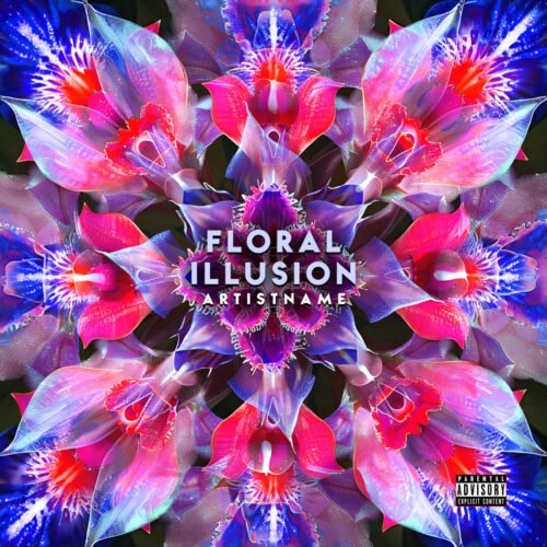 Floral Illusion Psychedelic Trance Music Cover Art - for Electronic, Synth-Pop Music - style Abstract, Psychedelic Art - in Red, Blue Color