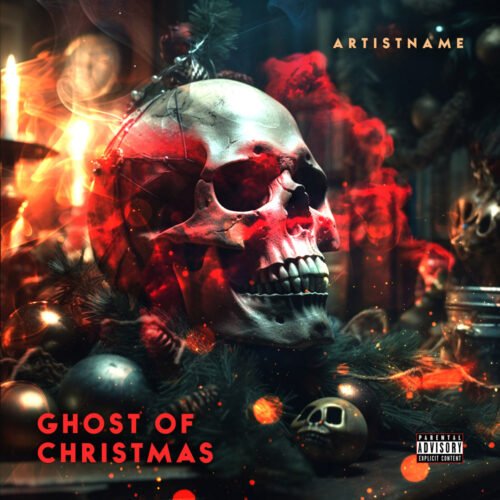 Ghost of Christmas Dark Metal Album Cover Art - for Dark Ambient, Gothic Metal Music - style Dark Fantasy, Cinematic Style - in Red, Green Color