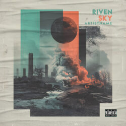 Riven Sky Industrial Sci Fi Album Cover Art - for Alternative Rock, Ambient Music - Collage, Conceptual Art Style - in Green, Orange Color