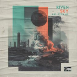 Riven Sky Industrial Sci Fi Album Cover Art - for Post-Rock, Ambient Music - style Collage, Conceptual Art - in Green, Orange Color