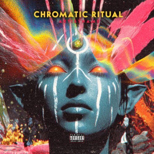 Chromatic Ritual Psychedelic Dubstep Trap Cover Art Design - for Alternative Rock, Dark Pop Music - style Acid Graphics, Collage - in Blue, Pink Color