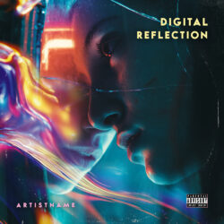 Digital Reflection Cyberpunk Cover Art Design - for Ambient Pop, Dark Pop Music - Cinematic Style, Cyberpunk Style - in Black, Blue Color