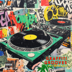 Graffiti Grooves Urban DJ Turntable Album Cover Art - for Alternative Hip-Hop, Boom Bap Music - Abstract, Acid Graphics Style - in Red, Yellow Color