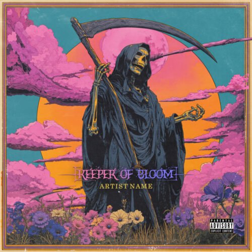 Keeper of Bloom Psychedelic Doom Metal Album Cover Art - for Metal, Doom Metal Music - style Illustrated, Vintage Style - in Blue, Pink Color