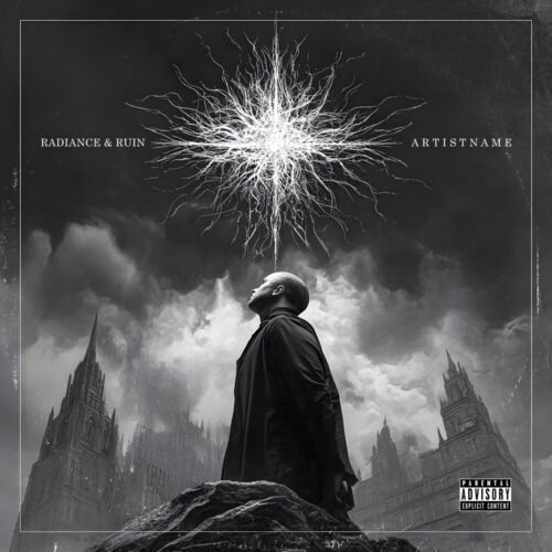 Radiance and Ruin Dark Industrial Goth Metal Album Cover Art - for Alternative Metal, Black Metal Music - style Cinematic Style, Dark Fantasy - in Black, Grey Color