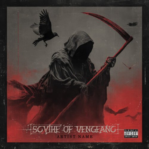 Scythe of Vengeance Dark Death Metal Art - for Black Metal, Death Metal Music - style Dark Fantasy, Dark Surrealism - in Red, Black Color