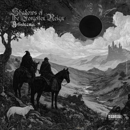Shadows of the Forgotten Reign Dark Fantasy Album Cover Art - for Black Metal, Doom Metal Music - style Dark Fantasy, Illustrated - in Black, Grey Color